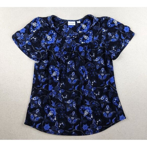 KIM ROGERS - WOMEN'S BLUE FLORAL PRINT SHORT SLEEVE STRETCH KNIT TOP - SIZE PM - Picture 1 of 7